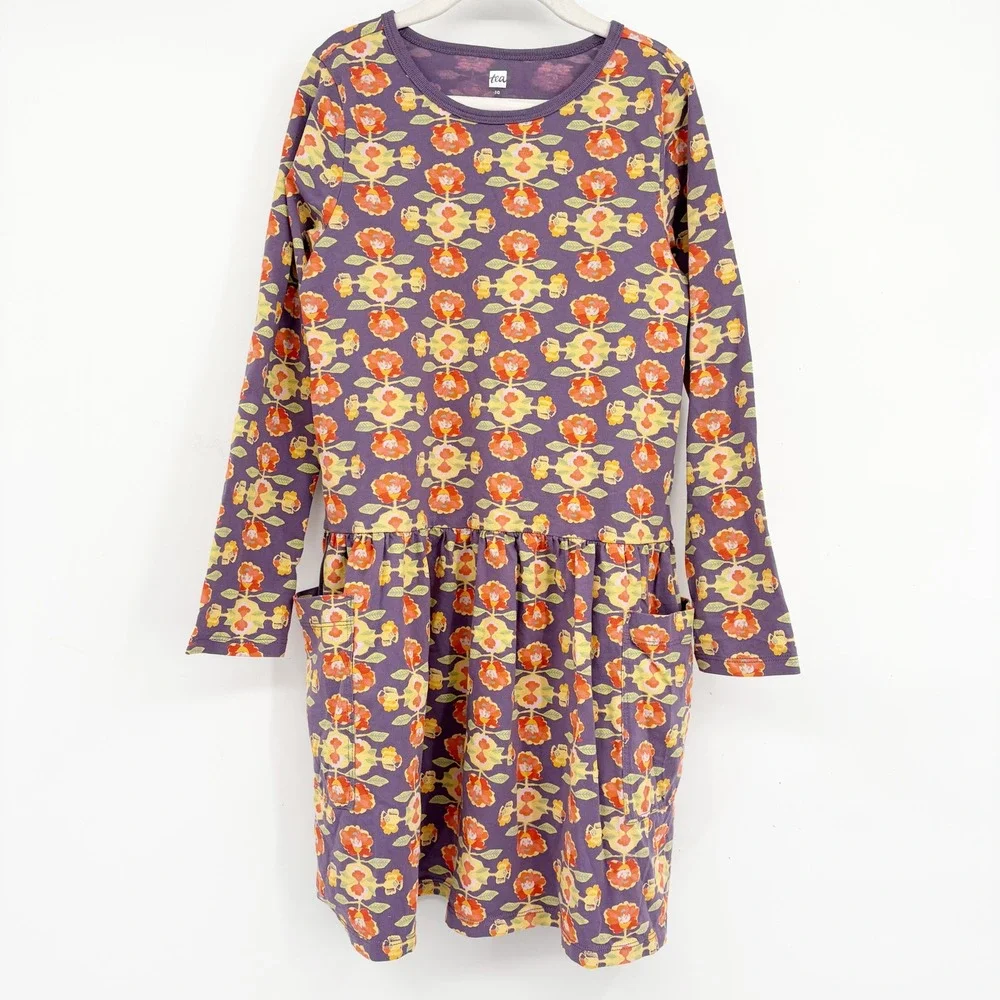 Tea Collection Girls Purple‎ Floral Long Sleeve Boho Pocket Jersey Dress Size 10